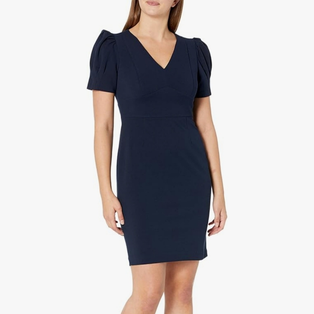 DKNY womens V-neck Puff Sleeve Sheath Dress Size 12 Dark Blue Color